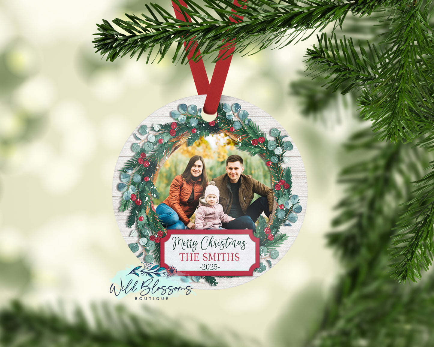 Wooden Christmas Floral Wreath Personalized Photo Ornament