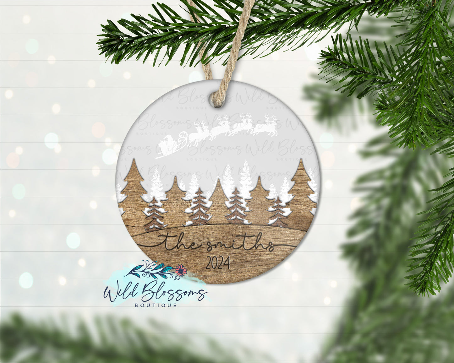 Wooden Christmas Tree Santa Scene Personalized Ornament