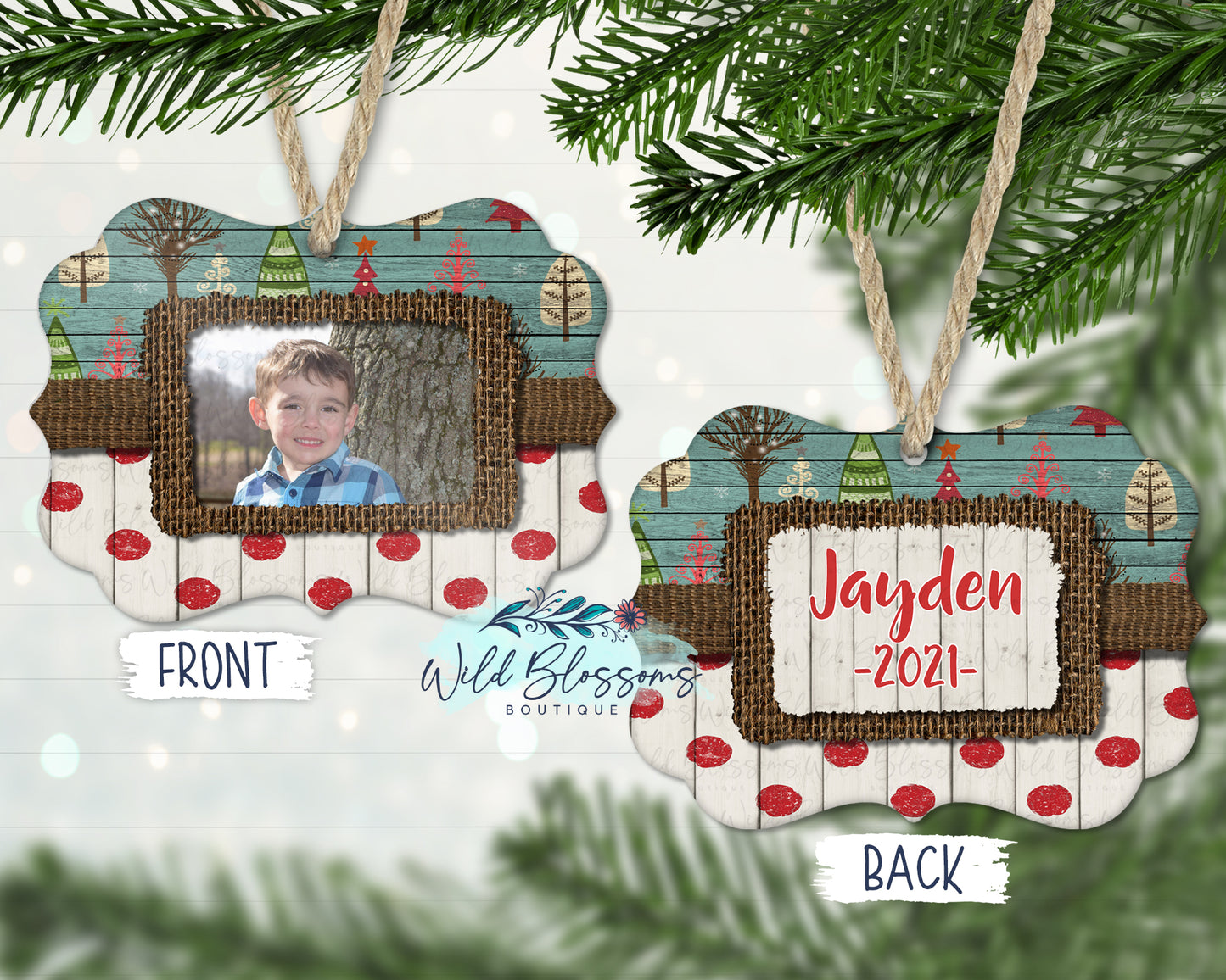 Wooden Polka Dot and Christmas Tree Personalized Photo Ornament