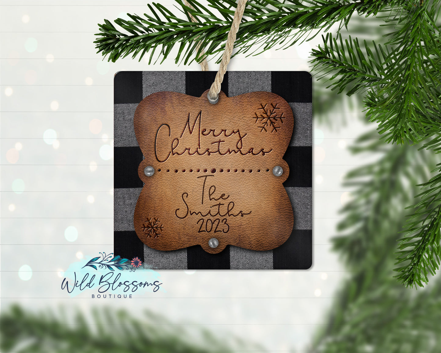 White Buffalo Plaid Leather Look Snowflake Ornament