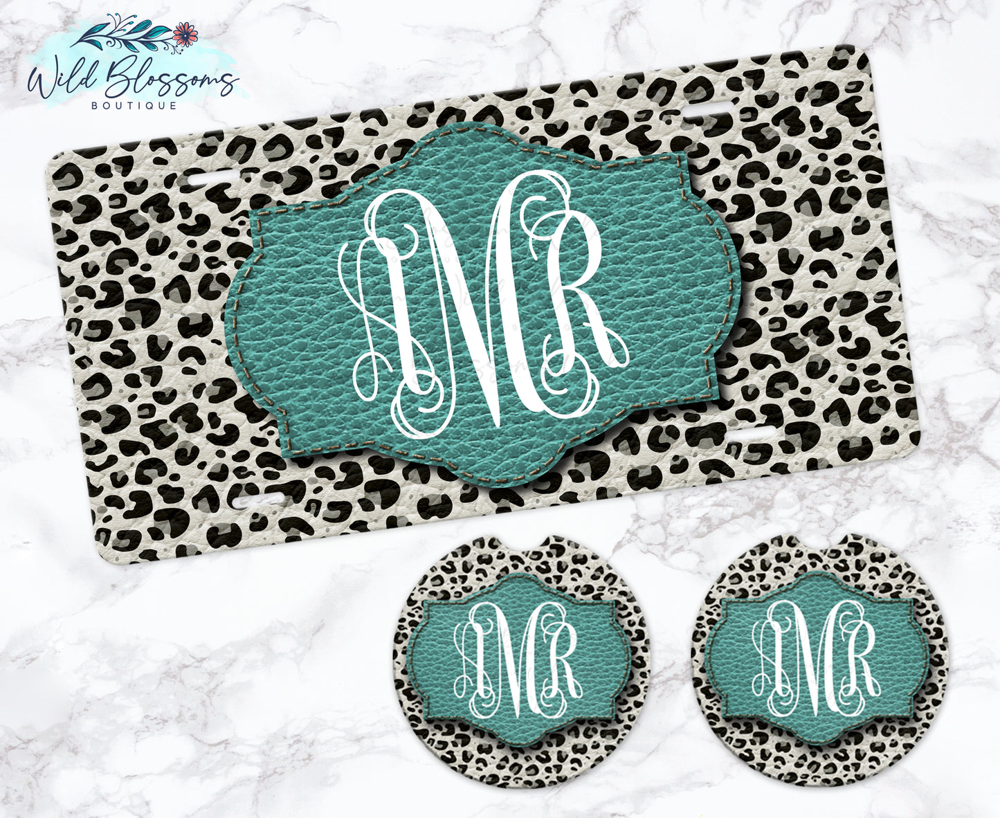 White Leopard Print With Turquoise Personalized License Plate