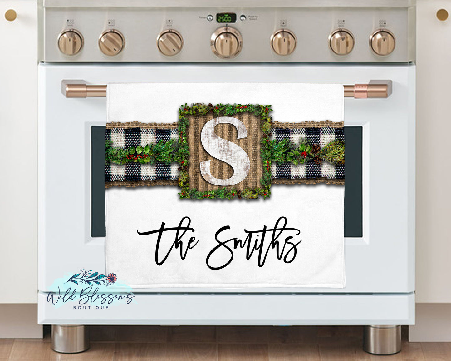 Wooden Buffalo Plaid Christmas Greenery Glass Cutting Board