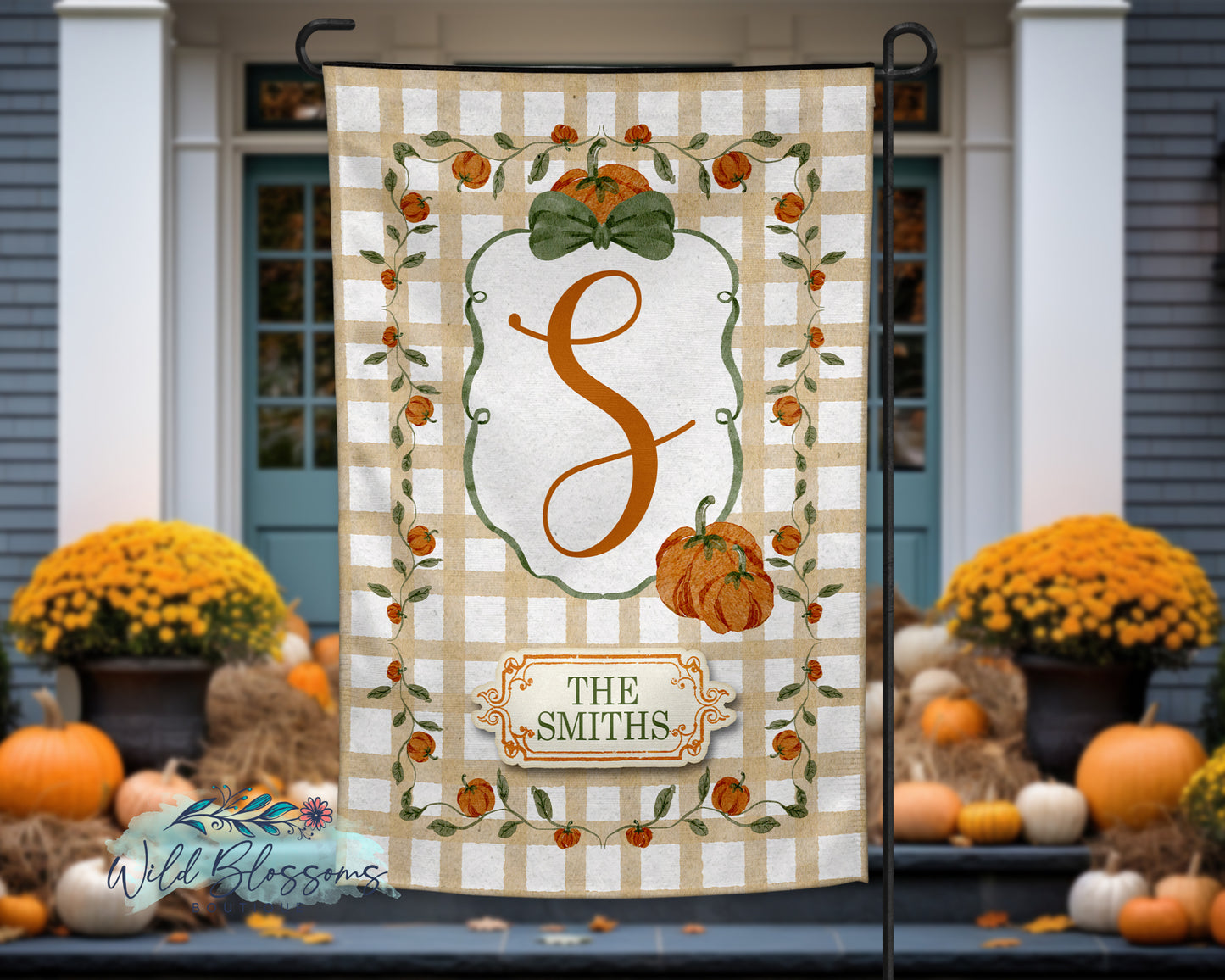 Watercolor Pumpkin Border Fall Personalized Garden Flag