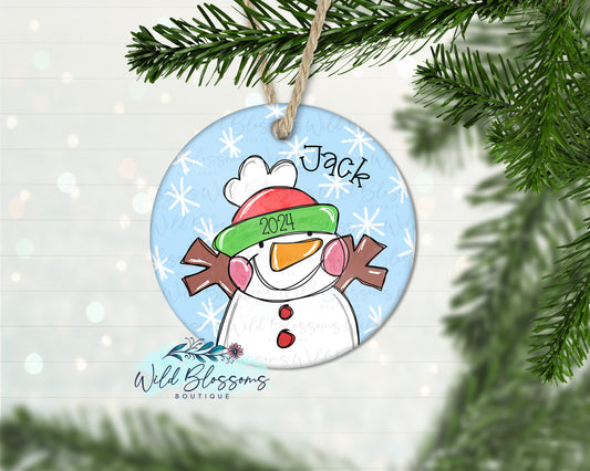 Boy Whimsical Snowman Personalized Ornament