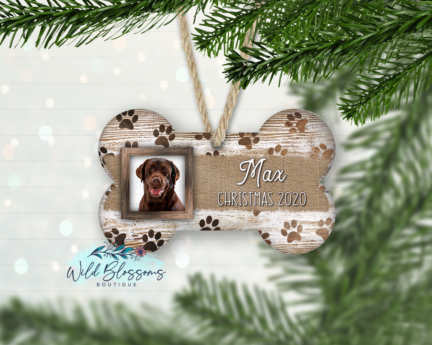 White Wooden Dog Bone Photo Ornament