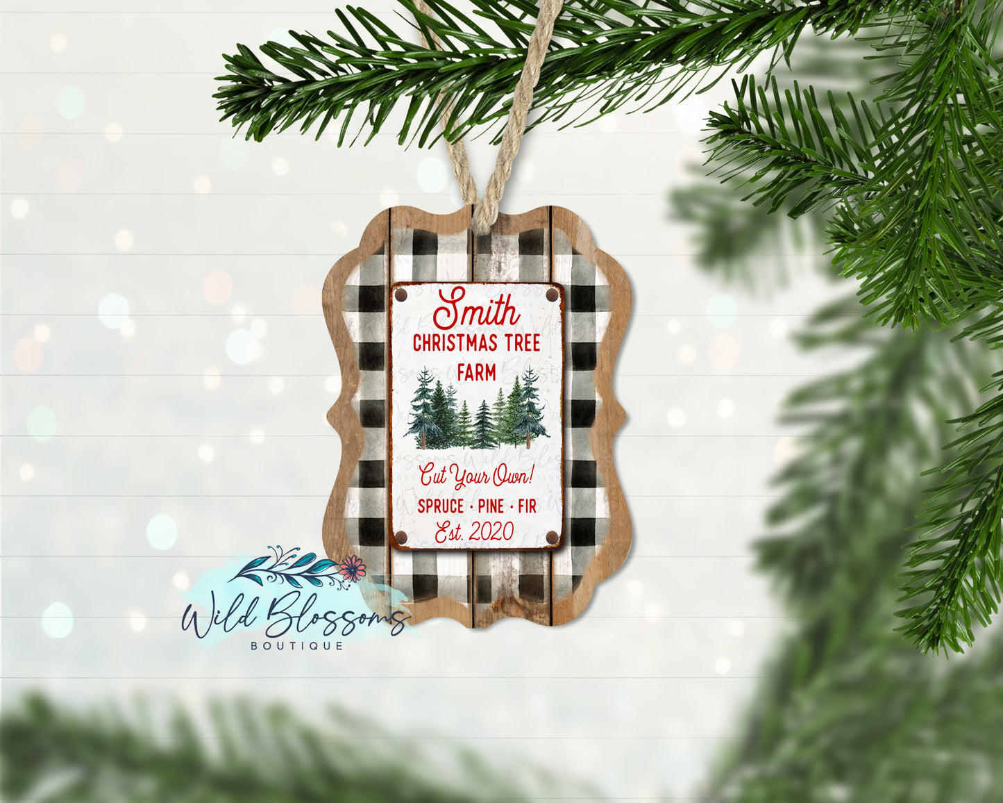 Wooden Buffalo Plaid Christmas Tree Farm Personalized Ornament