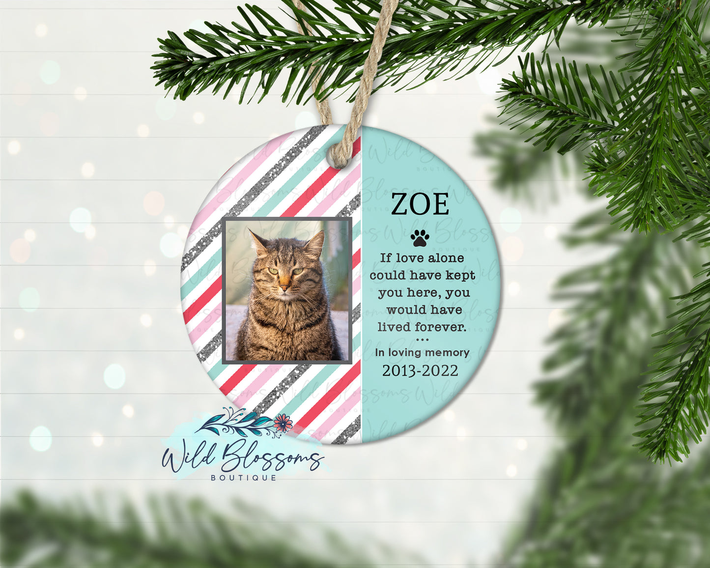 Aqua Striped Pet Memorial Personalized Photo Ornament