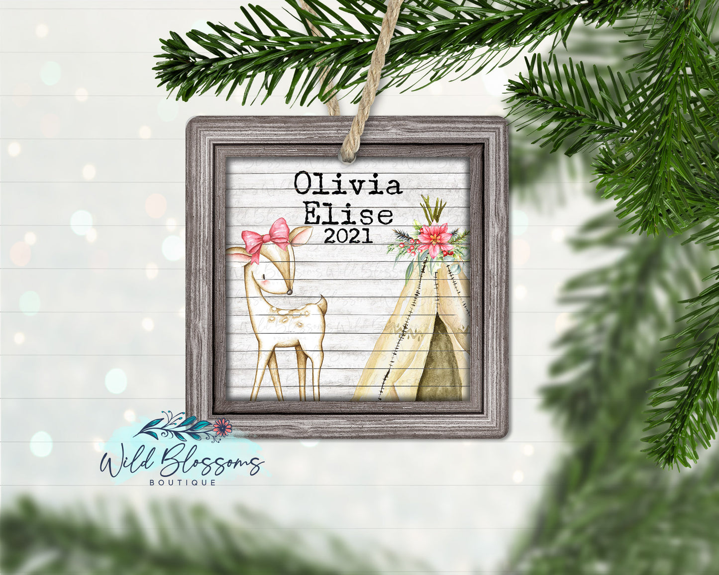 Rustic Personalized Baby Girl Deer Ornament