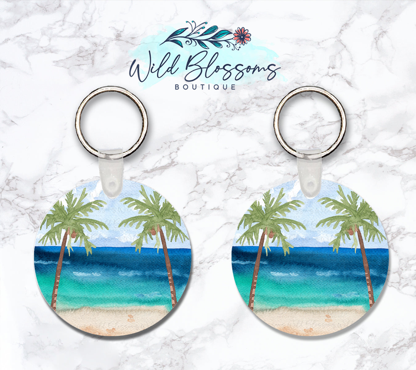 Beach Scene Personalized Round or Square Double Sided Keychain