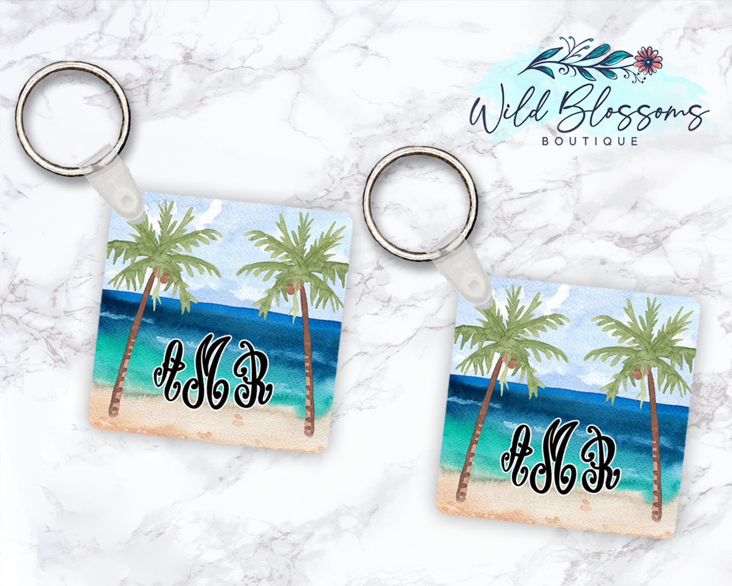 Beach Scene Personalized Round or Square Double Sided Keychain