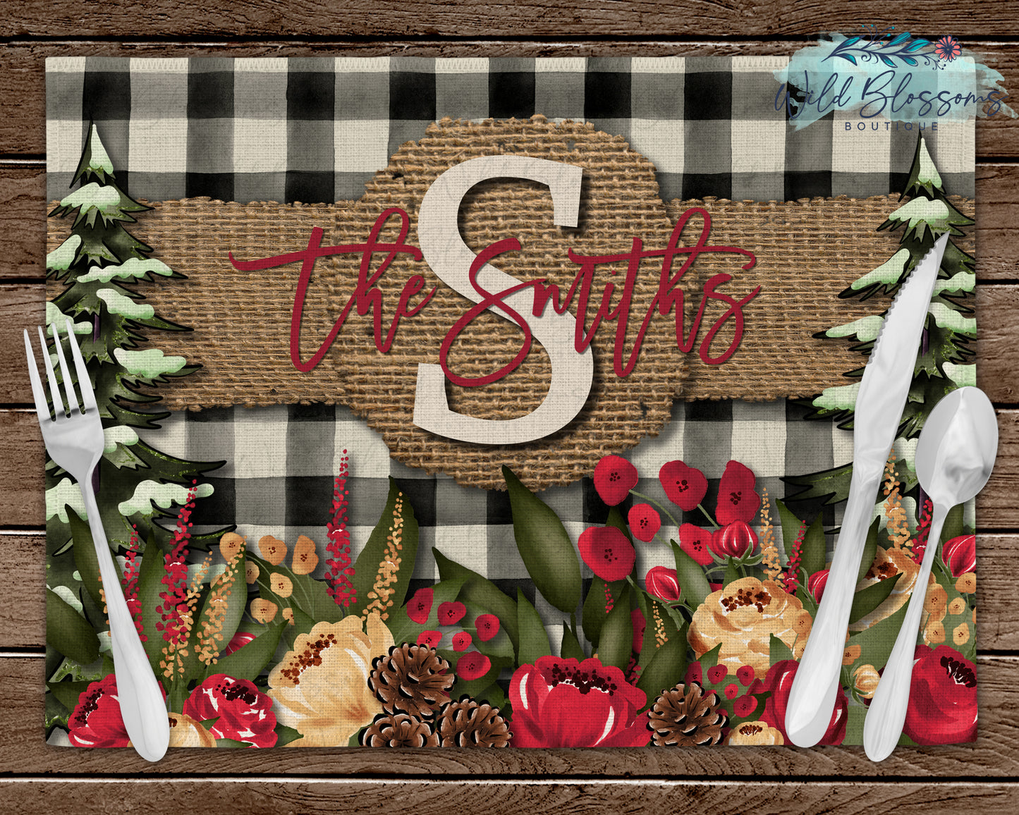 Buffalo Plaid Burlap Christmas Floral Glass Cutting Board