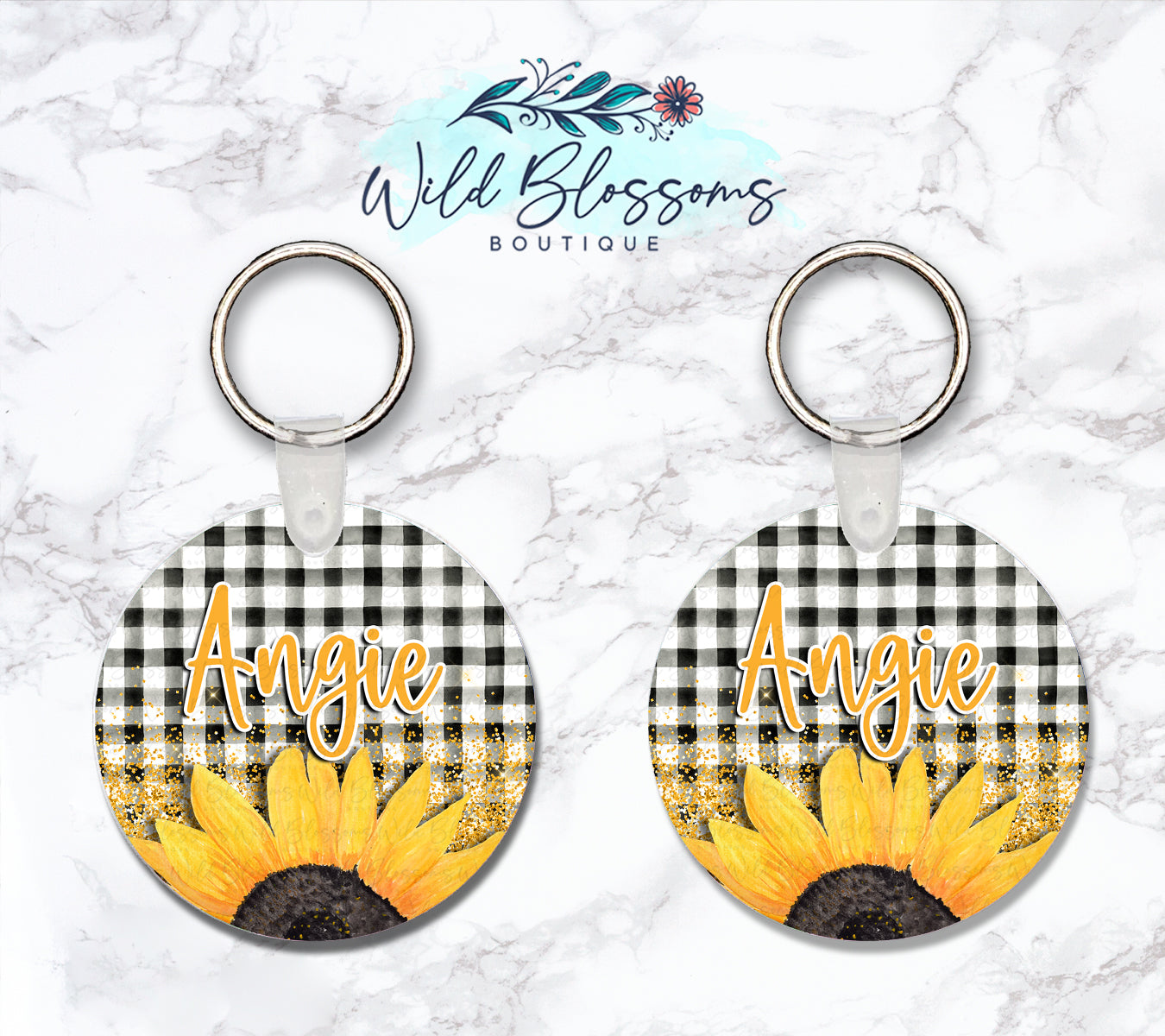Buffalo Plaid Sunflower Personalized Round or Square Keychain