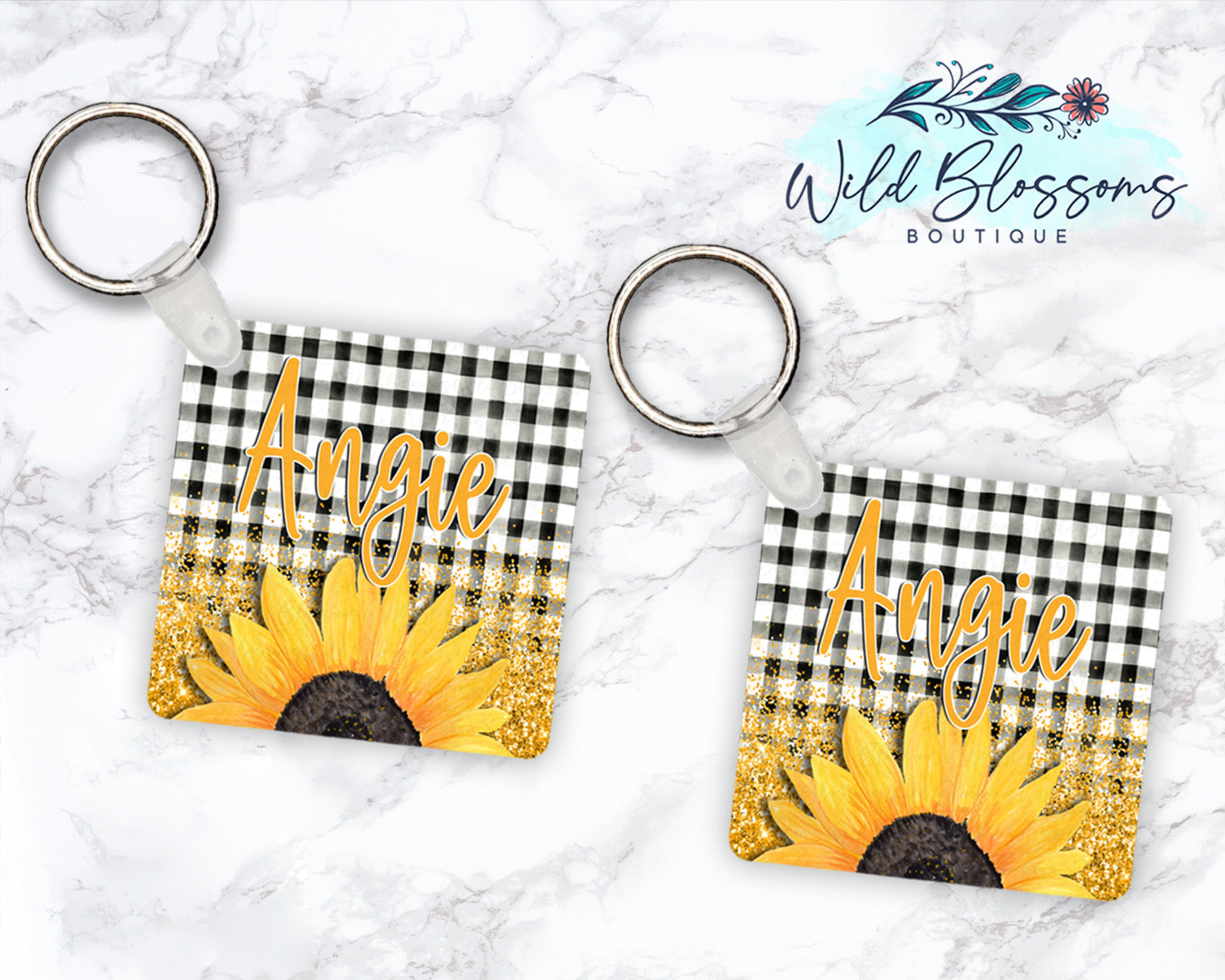 Buffalo Plaid Sunflower Personalized Round or Square Keychain
