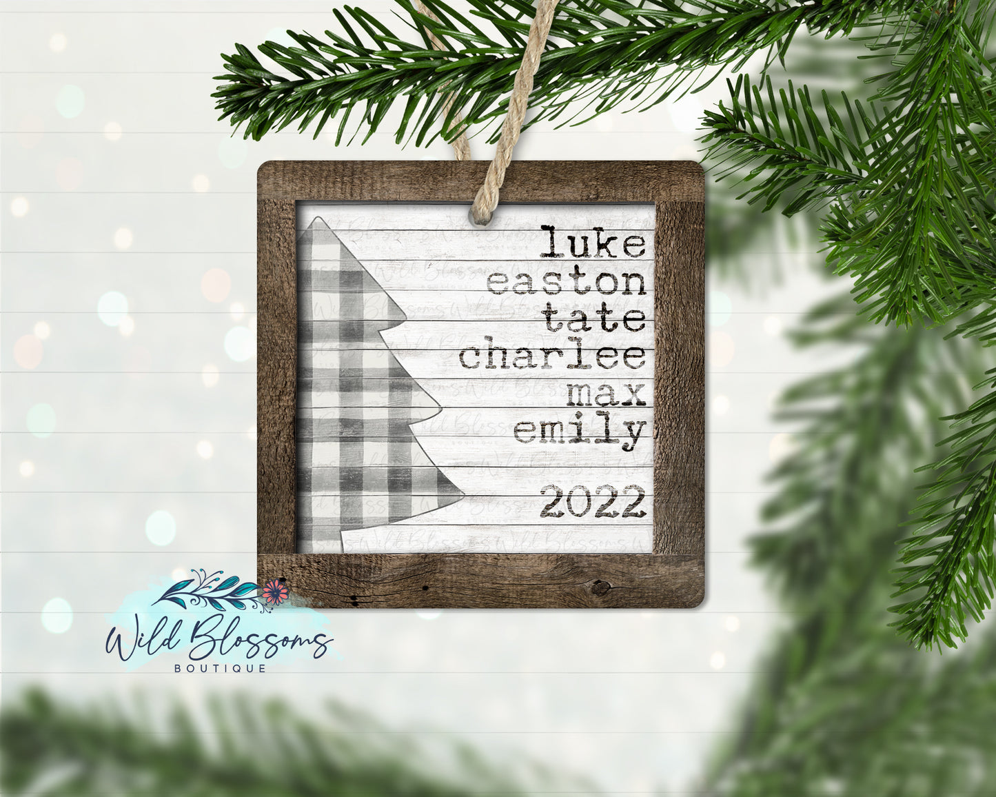 Rustic Wooden Buffalo Plaid Christmas Tree Family Name Ornament