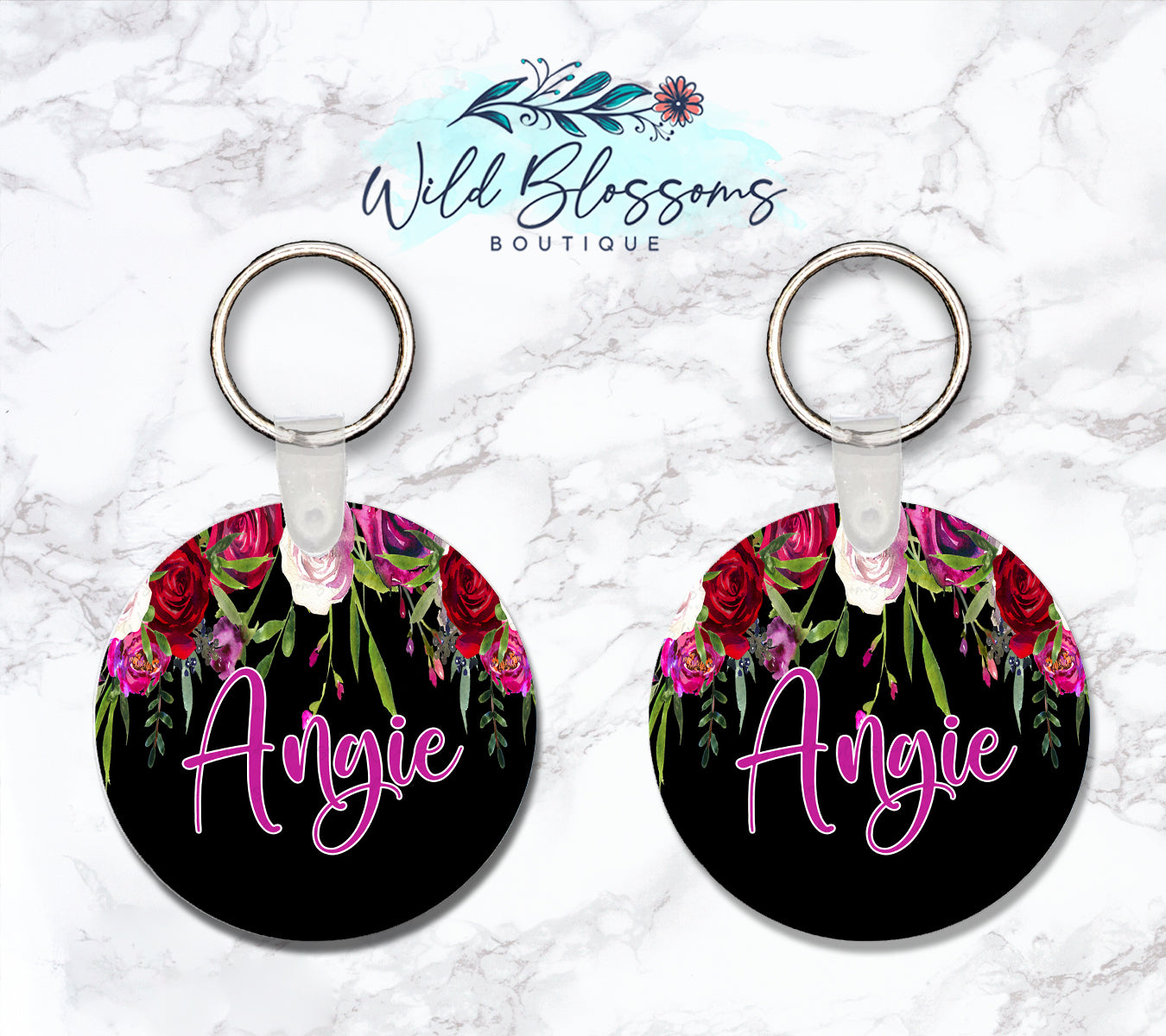 Black Rose Floral Drop Personalized Round or Square Keychain
