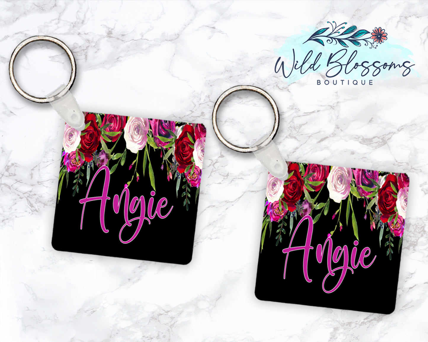 Black Rose Floral Drop Personalized Round or Square Keychain