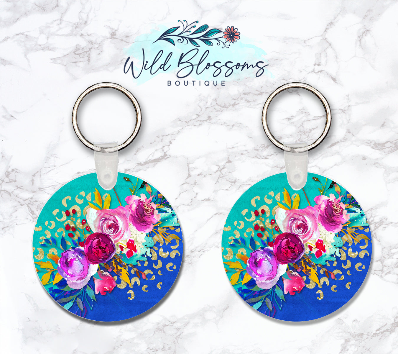 Blue And Teal Floral Personalized Round or Square Keychain