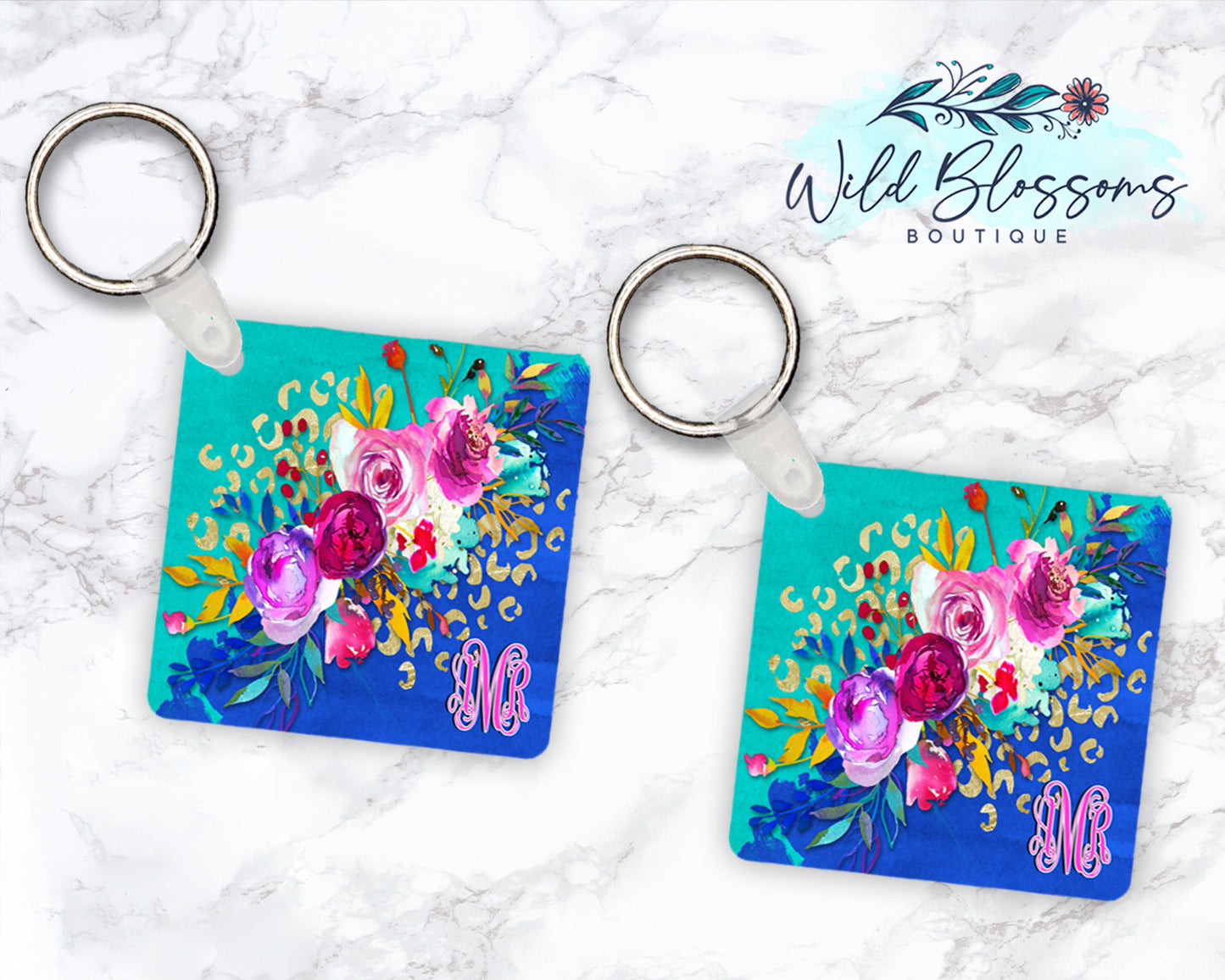 Blue And Teal Floral Personalized Round or Square Keychain