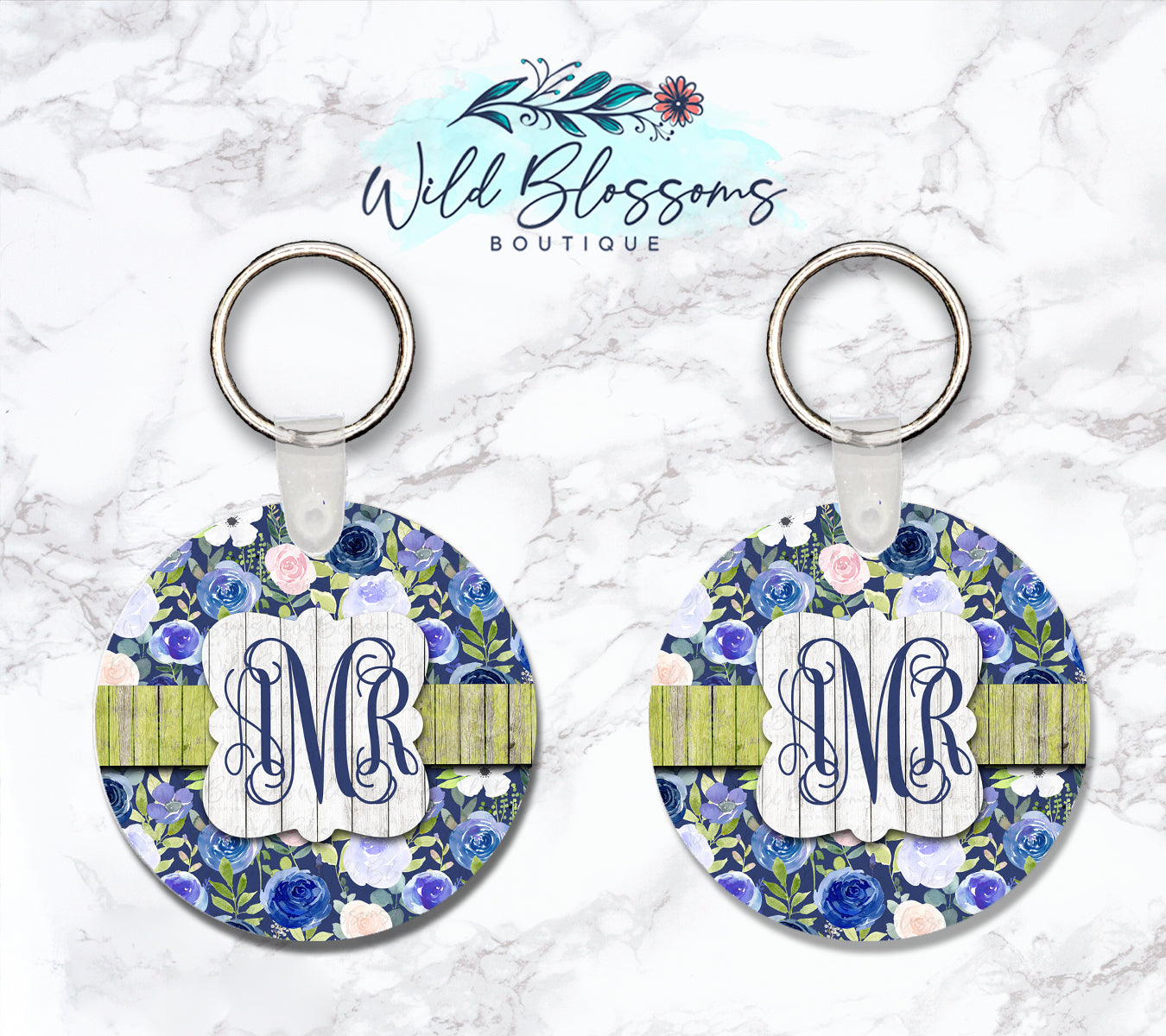 Blue Floral Personalized Round or Square Keychain