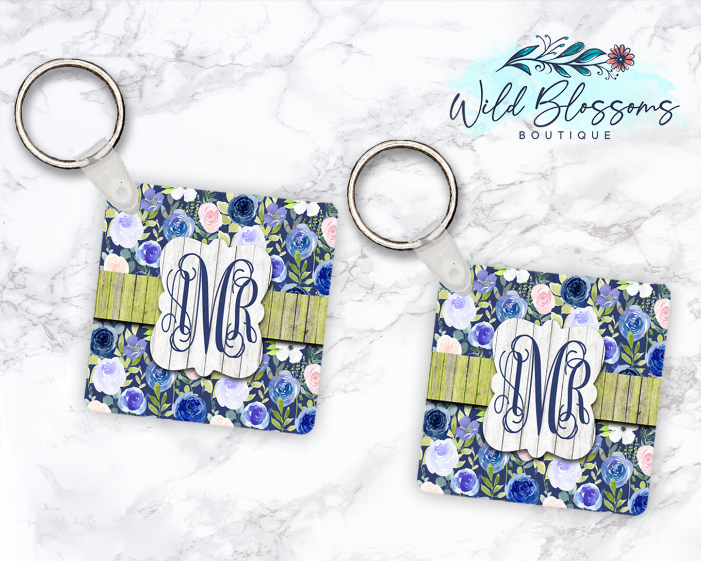 Blue Floral Personalized Round or Square Keychain