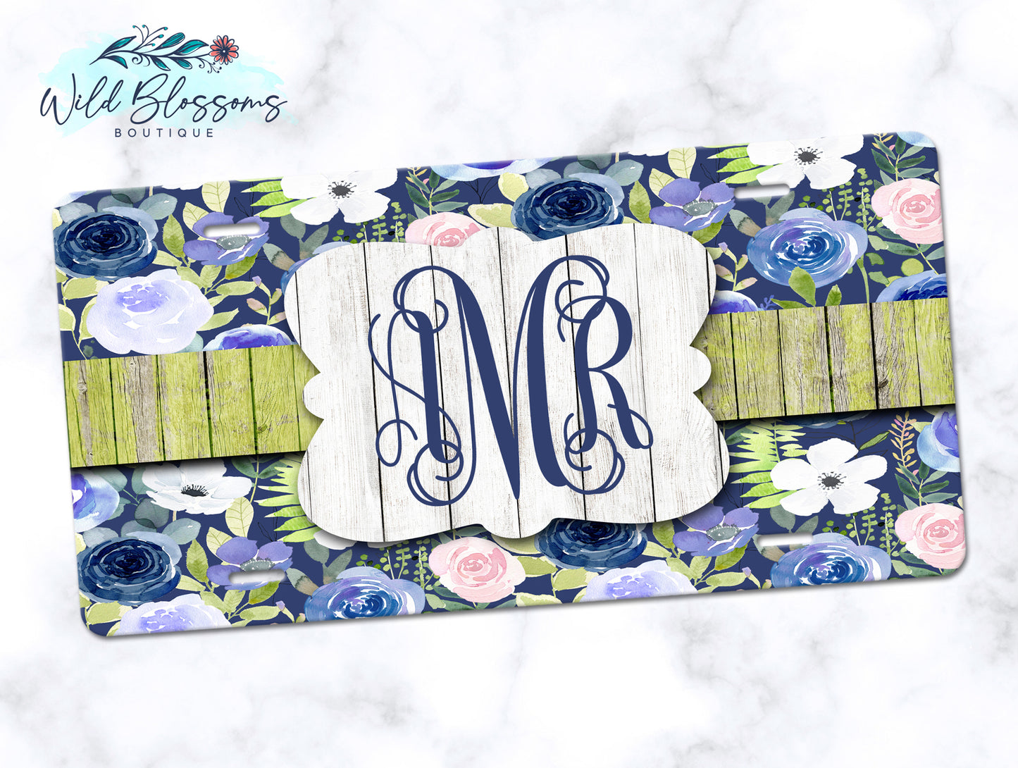 Blue Floral Personalized License Plate