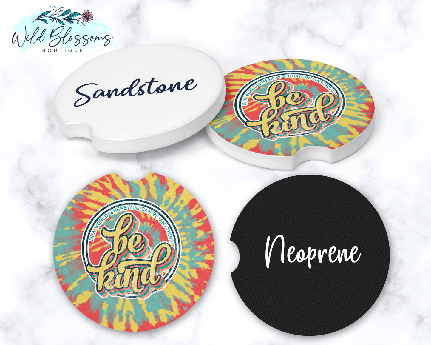 Retro Tie Dye Be Kind Car Coasters