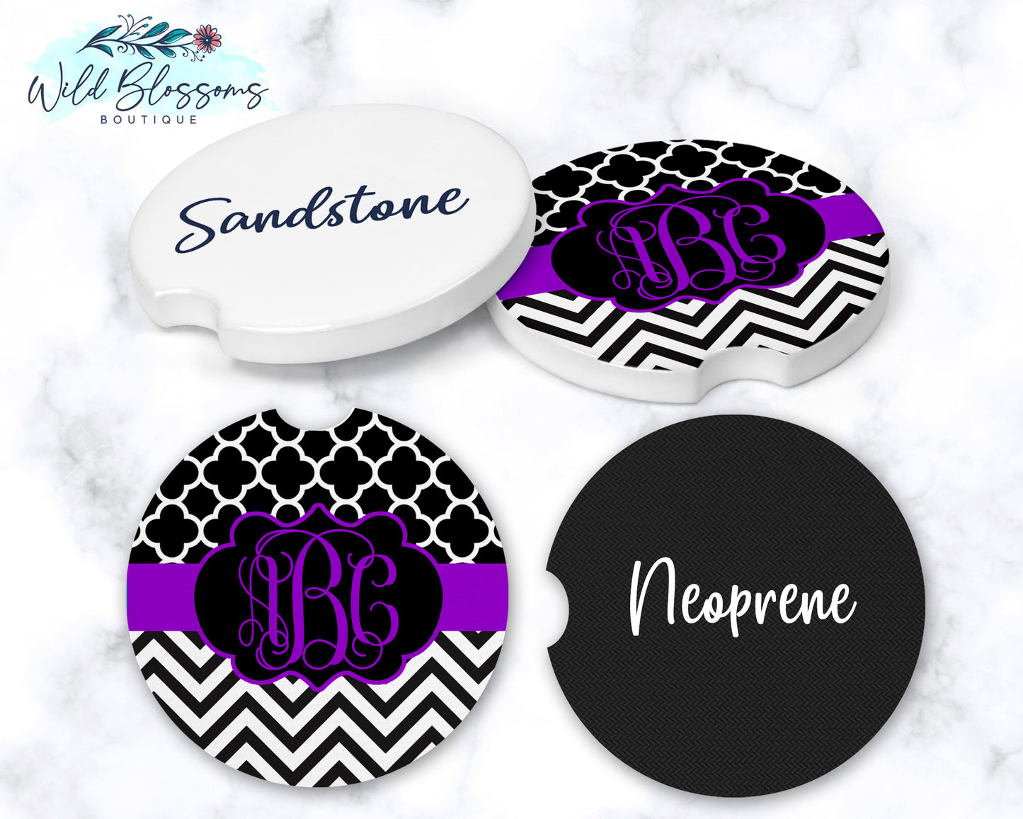 Black And Purple Monogram Car Coasters
