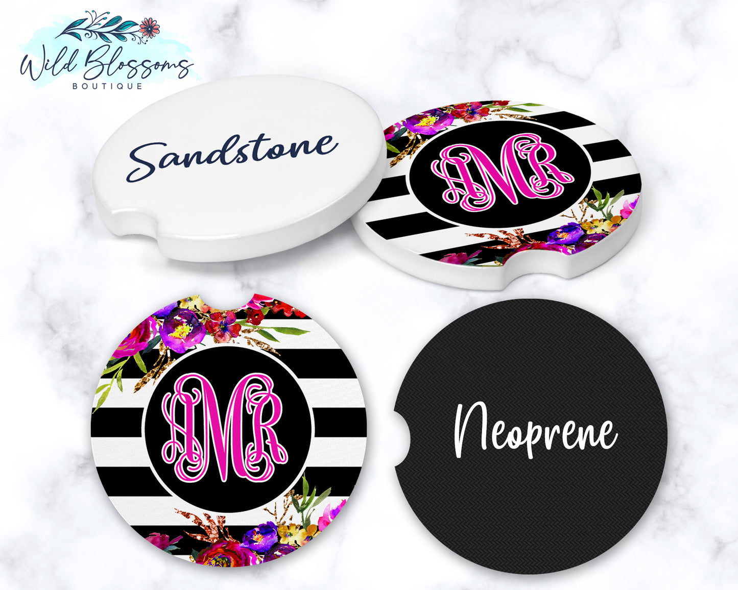 Black And White Striped Bright Floral Monogram Car Coasters