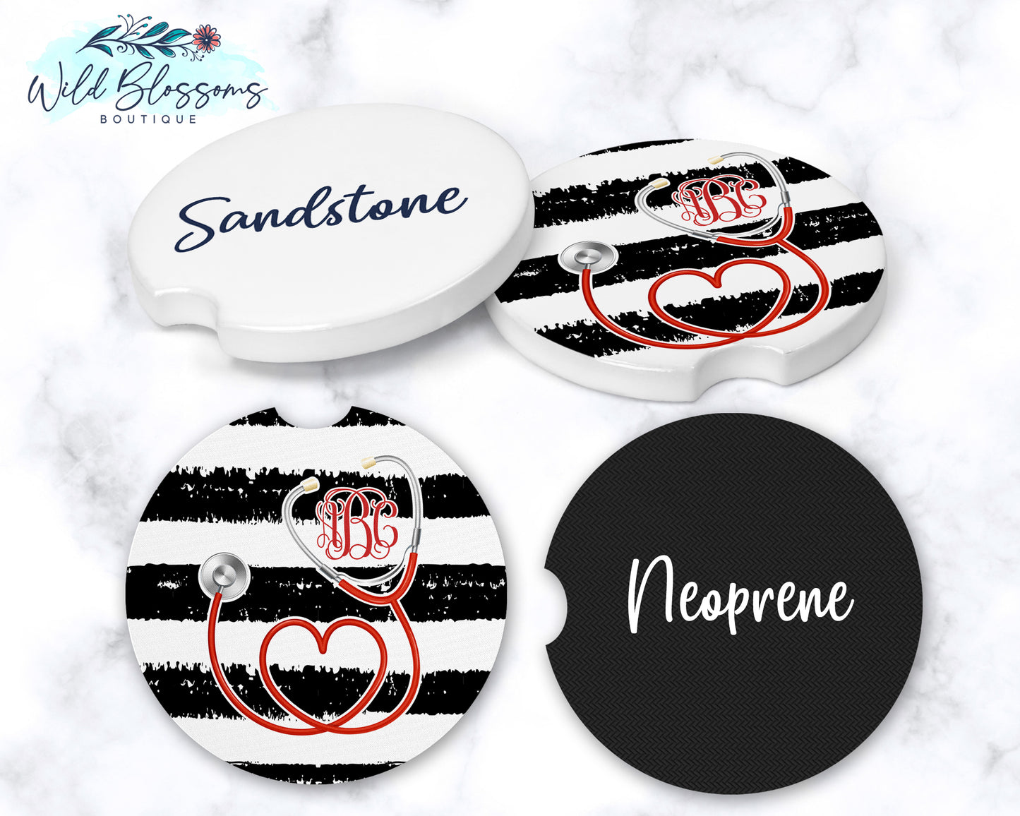 Black And White Striped Red Stethoscope Personalized Car Coasters