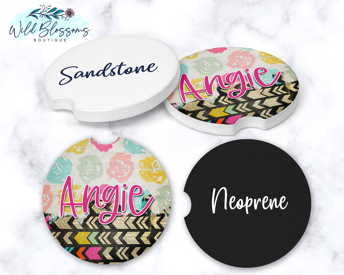Boho Floral Personalized Car Coasters