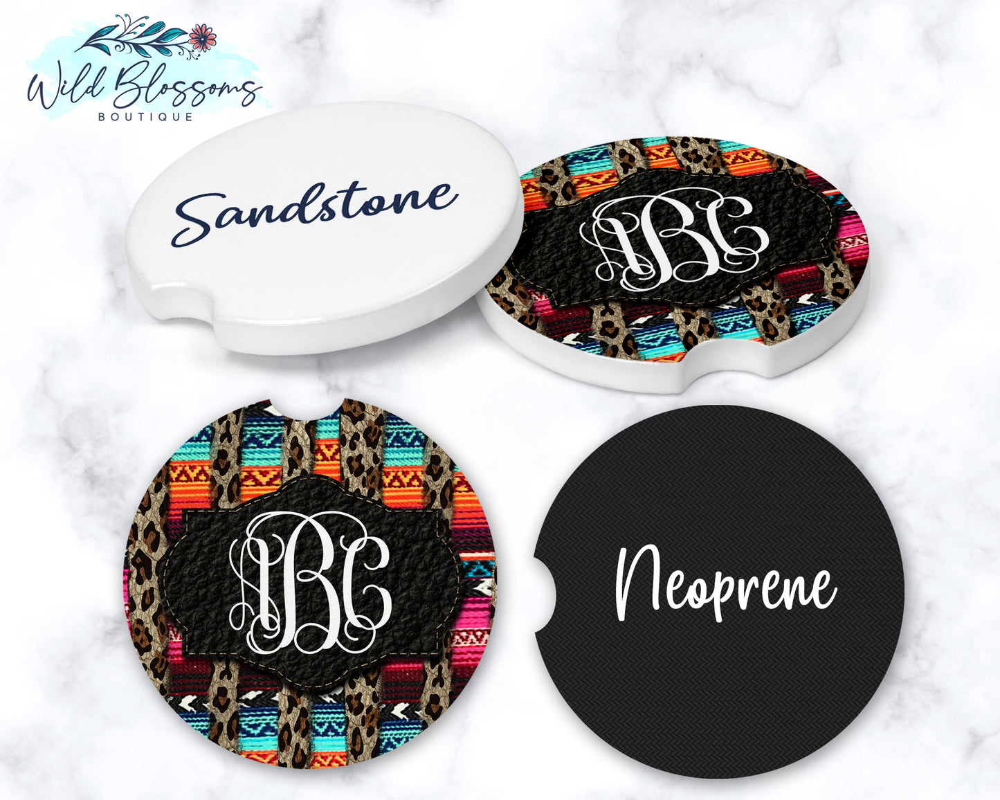 Serape And Leopard Striped Car Coasters