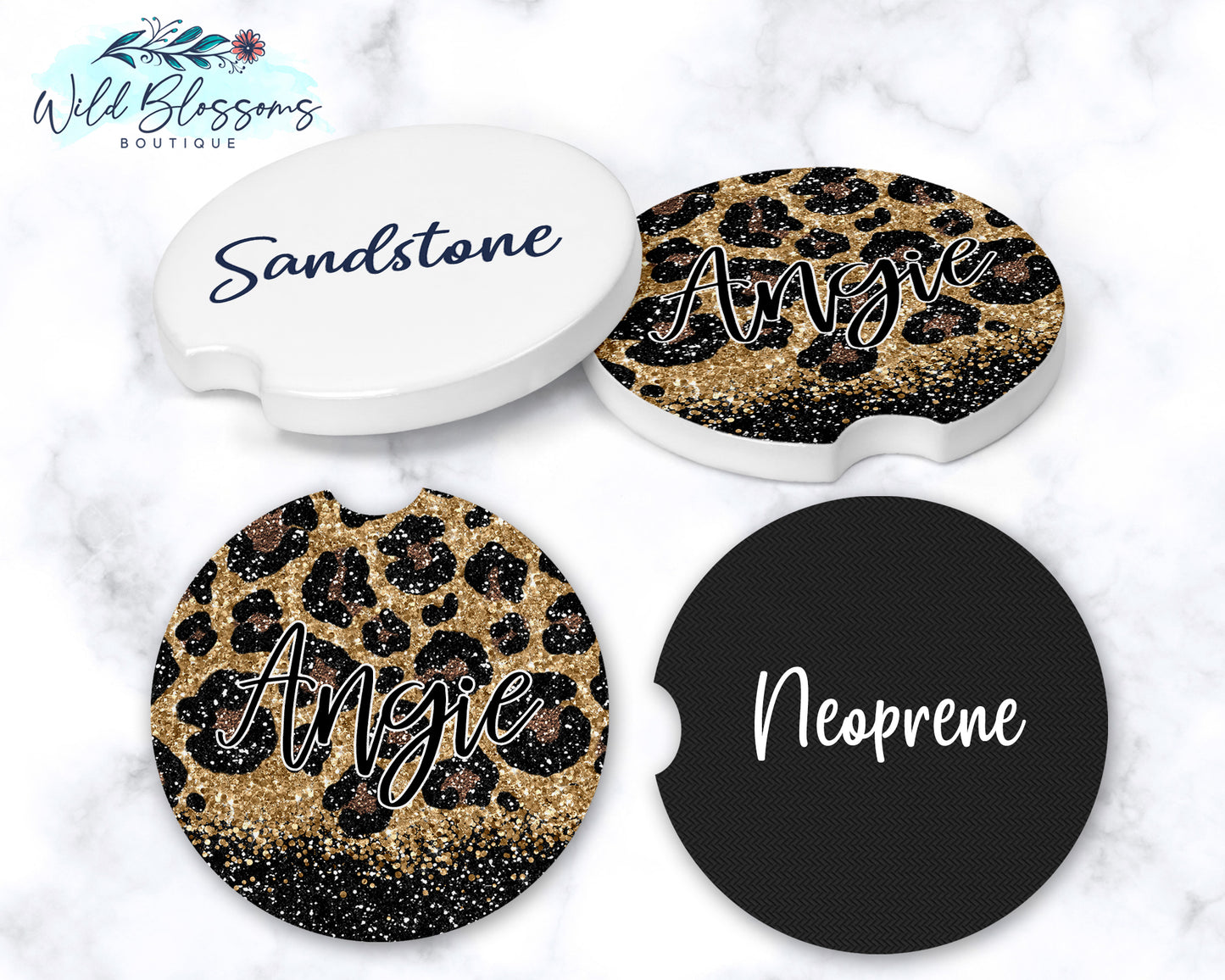 Leopard Print And Black Glitter Car Coasters