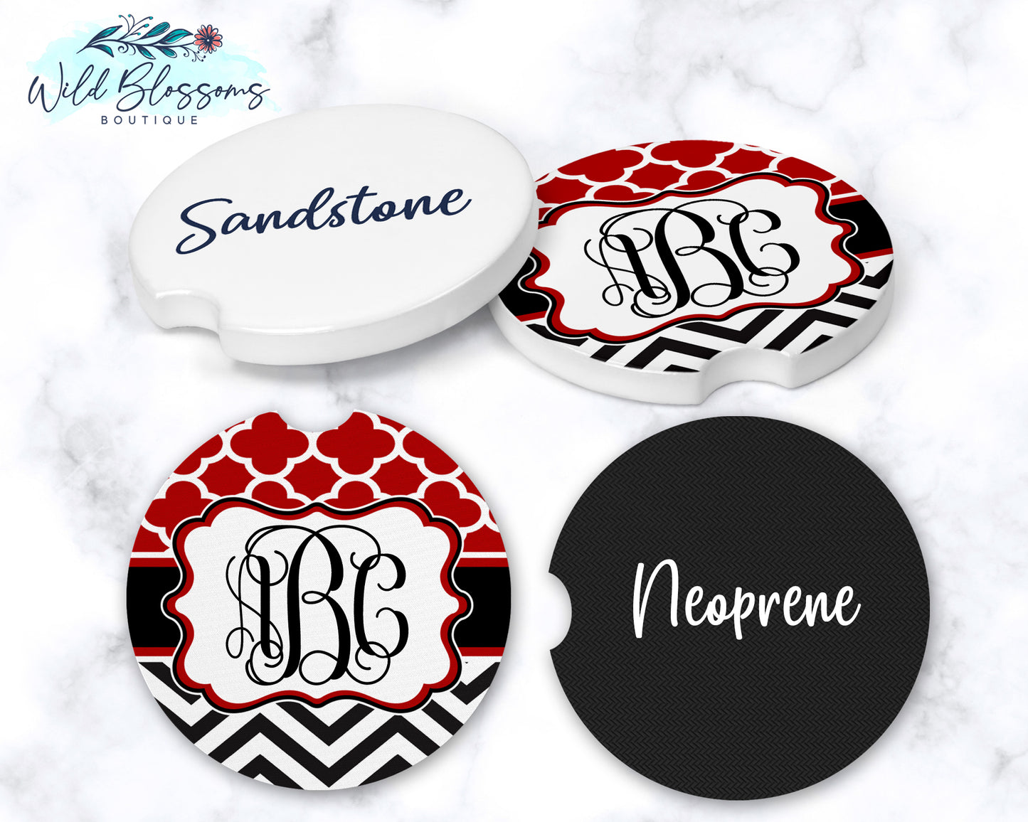 Red And Black Monogram Car Coasters