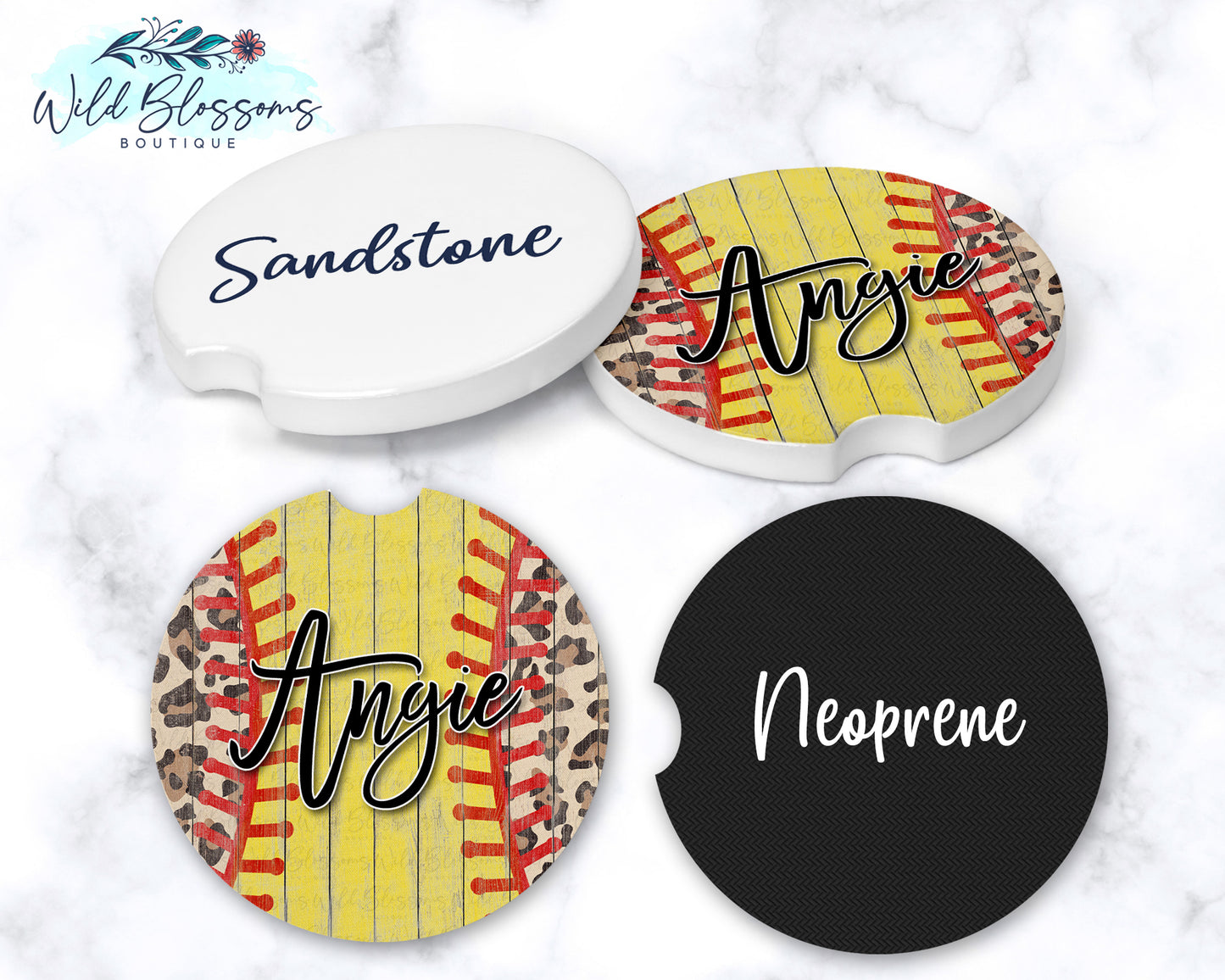 Wooden Softball And Leopard Print Personalized Car Coasters