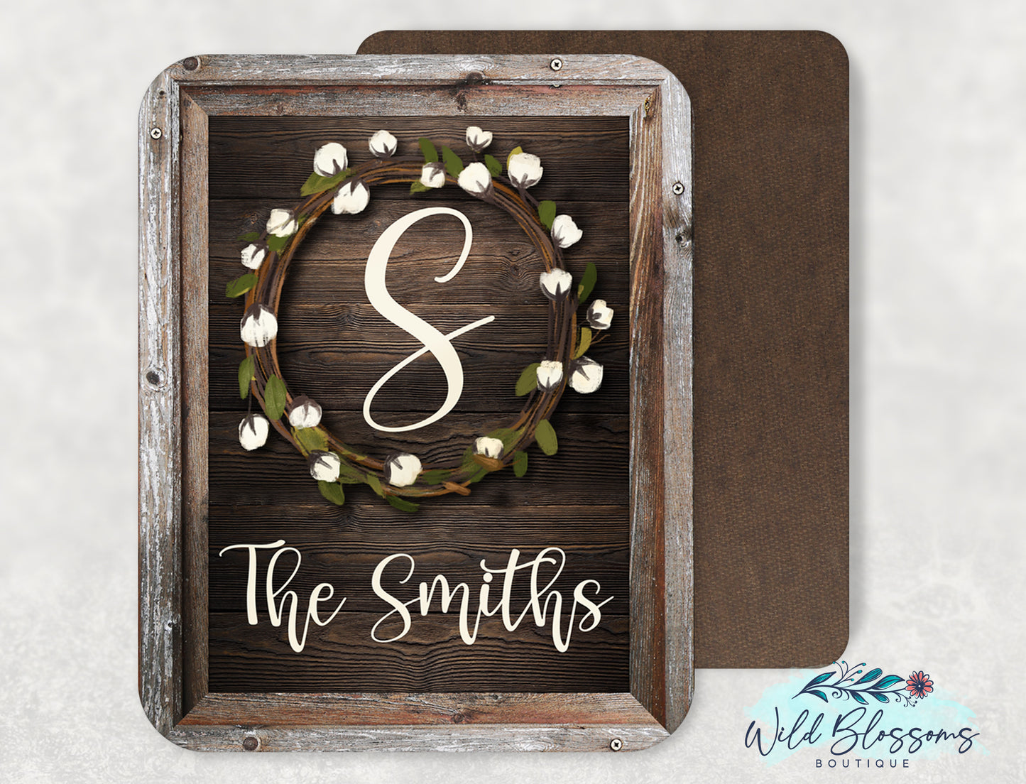 Wooden Frame And Cotton Wreath Family Name Sign