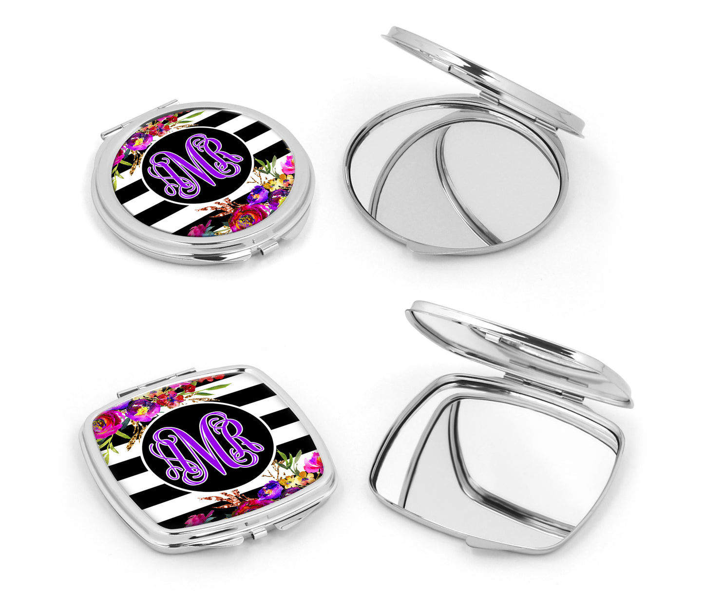 Black and White Striped Bright Floral Monogram Mirror Compact