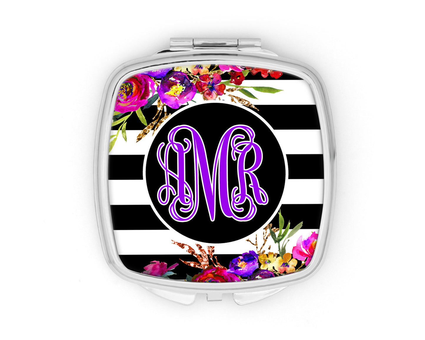 Black and White Striped Bright Floral Monogram Mirror Compact