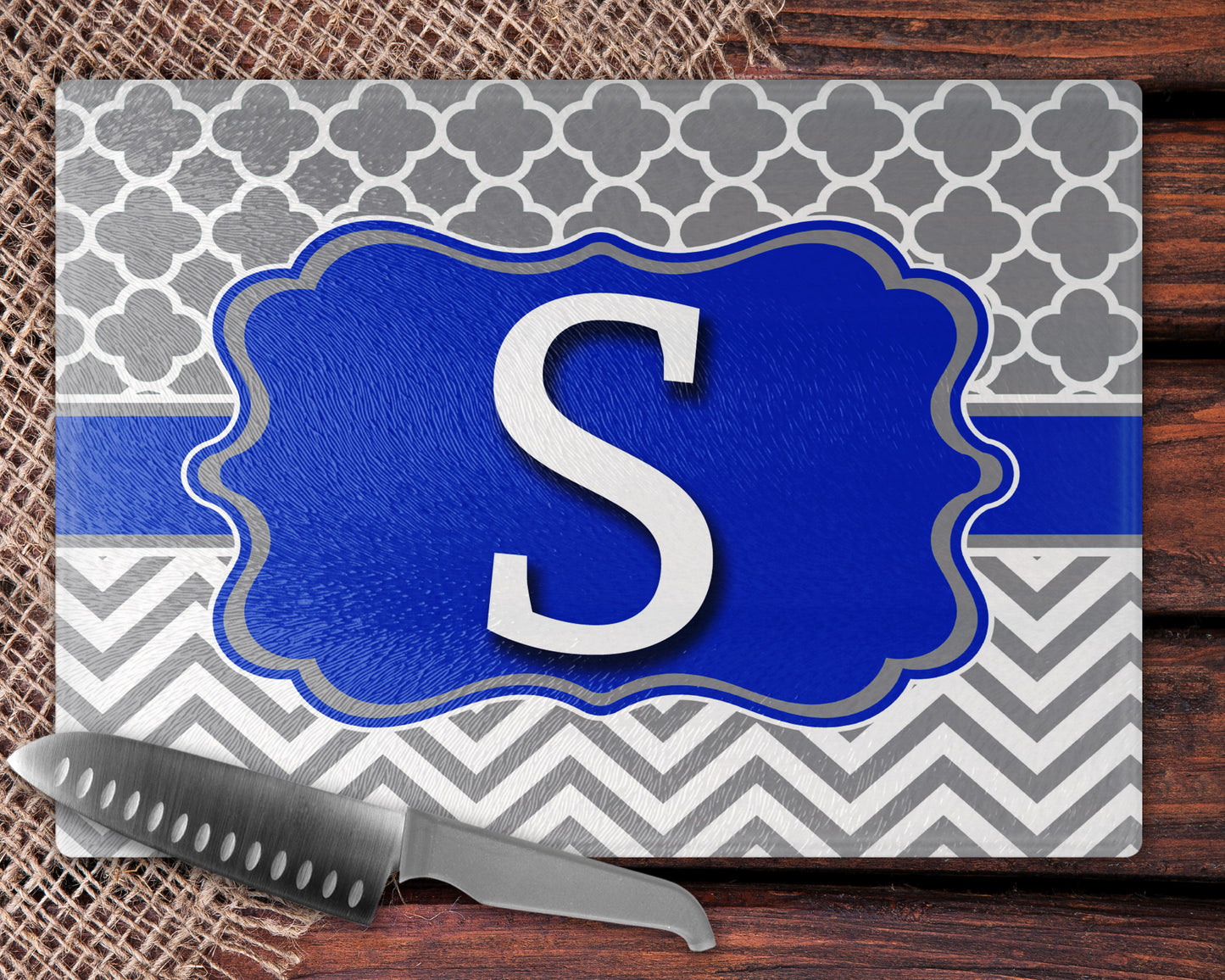Blue And Grey Personalized Glass Cutting Board