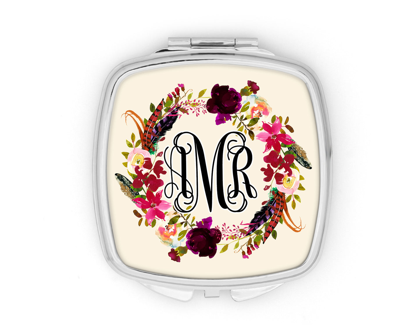 Burgundy Floral Wreath Monogram Mirror Compact