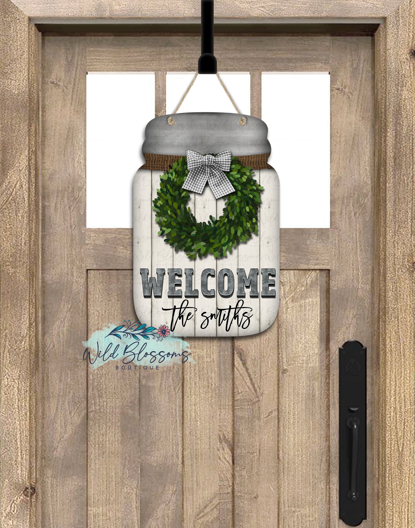 Boxwood Wreath Welcome Mason Jar Personalized Door Hanger