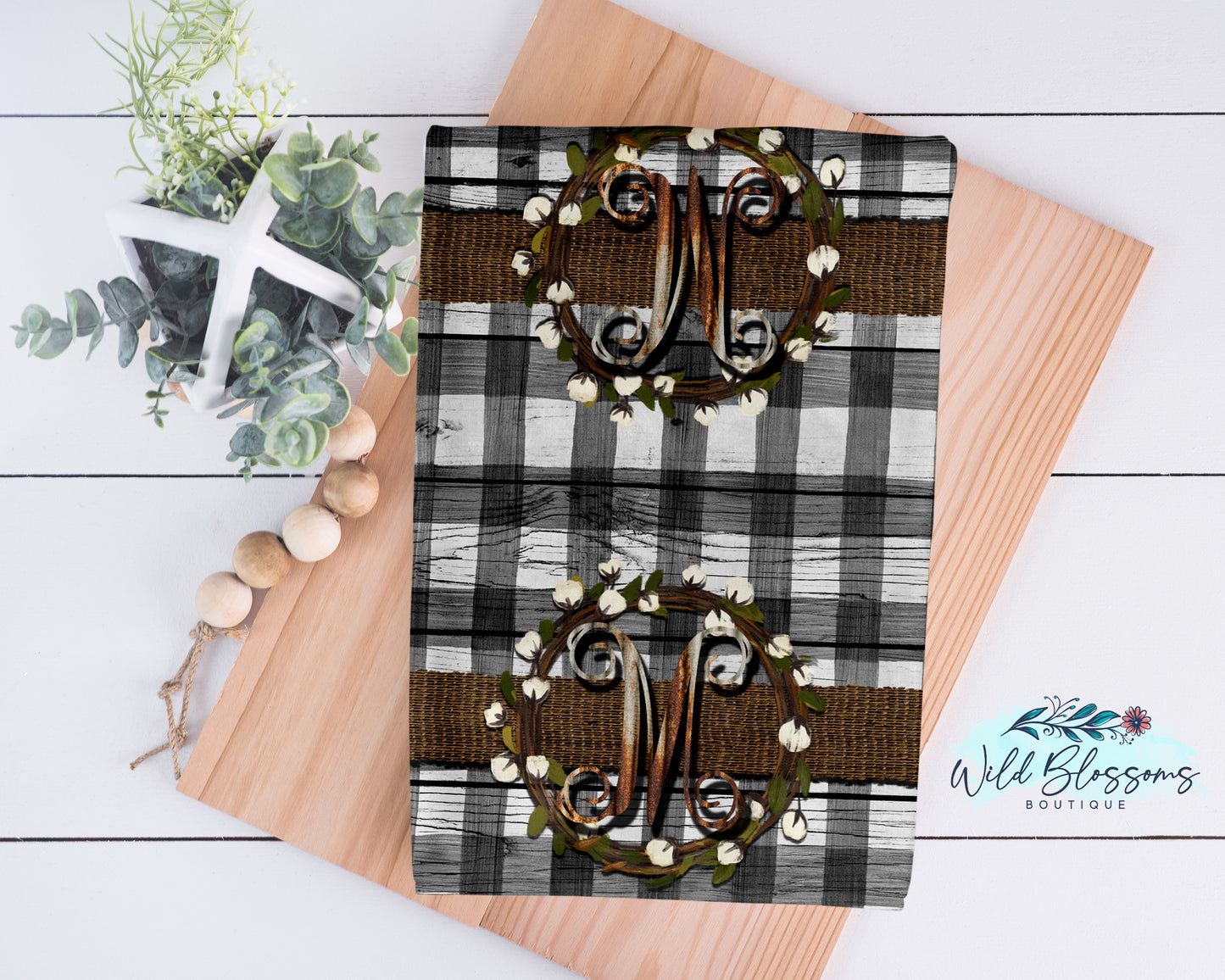Wooden White Buffalo Plaid Burlap and Cotton Wreath Personalized Kitchen Towel
