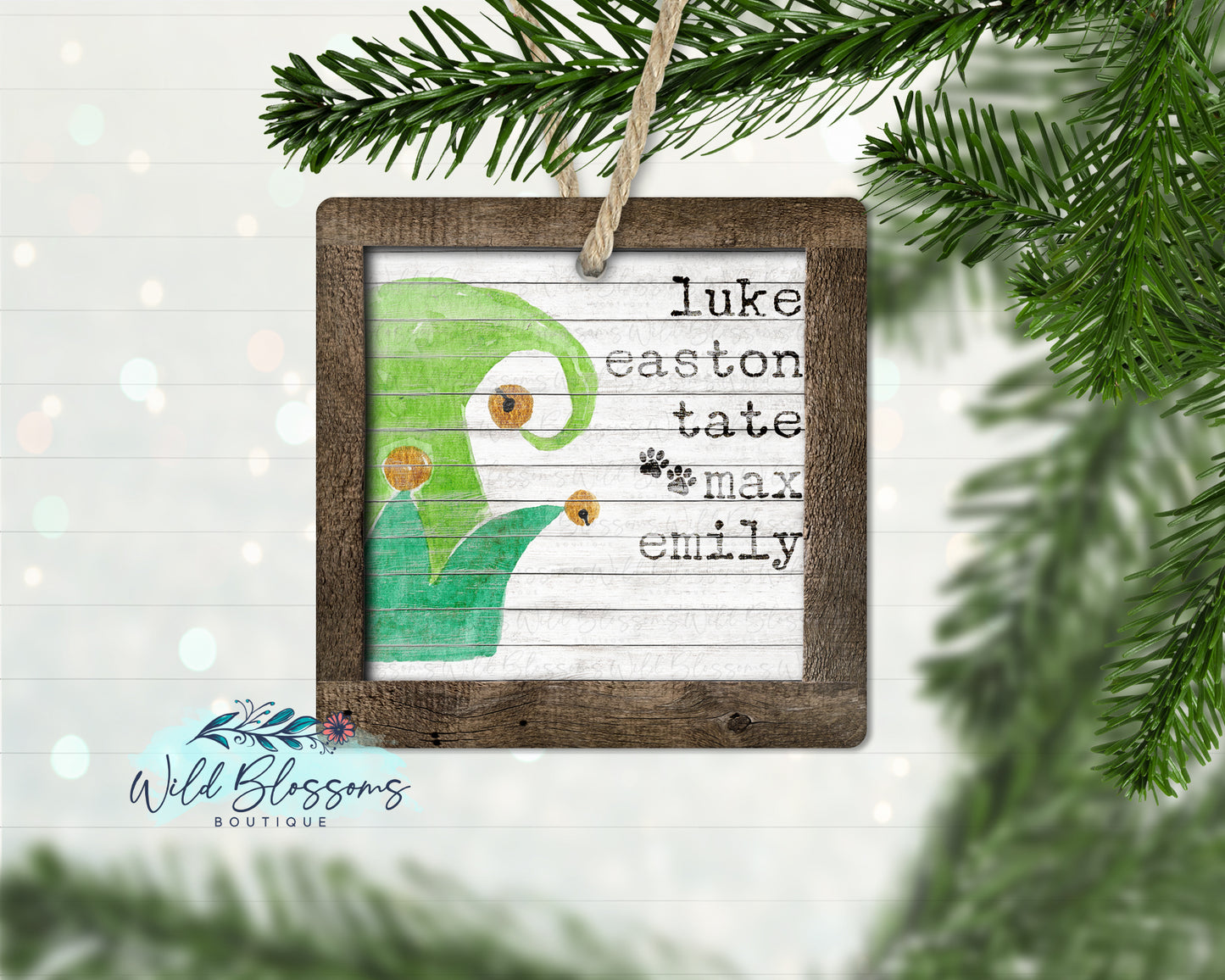 Rustic Wooden Elf Hat Family Name Ornament