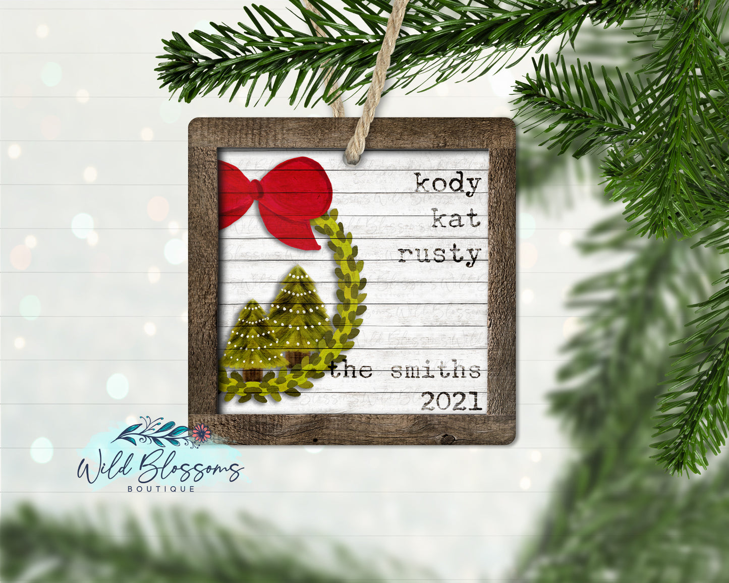 Farmhouse Family Name Christmas Tree Wreath Ornament