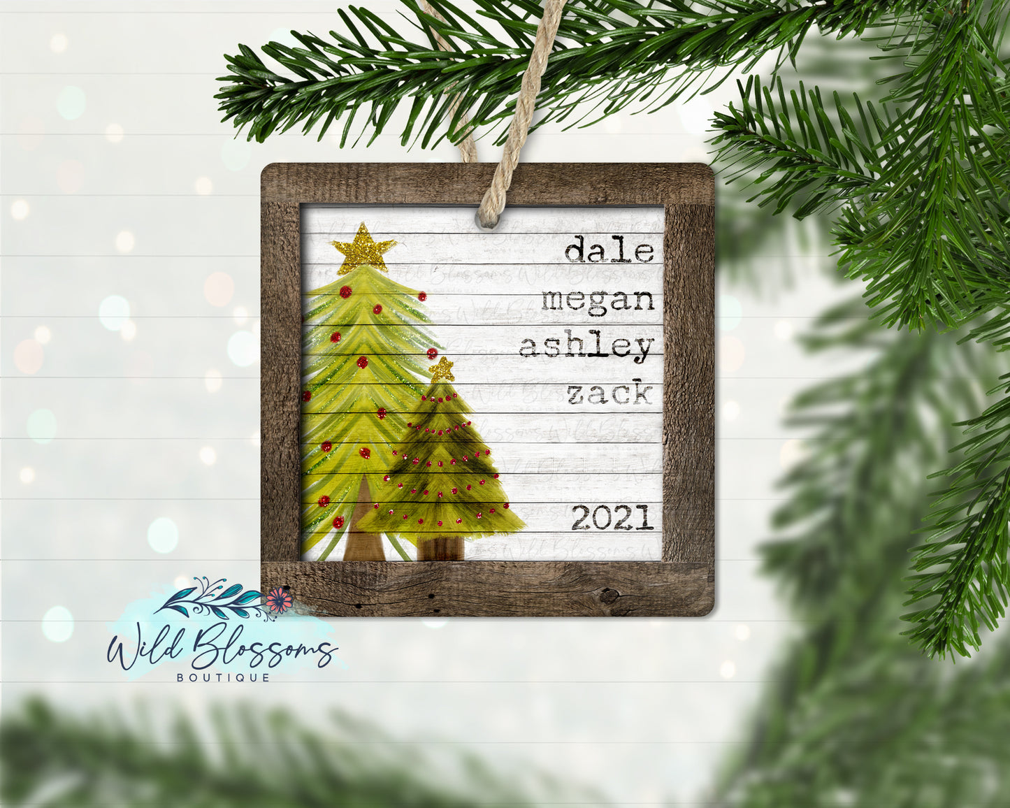 Farmhouse Family Name Glitter Christmas Tree Duo Ornament