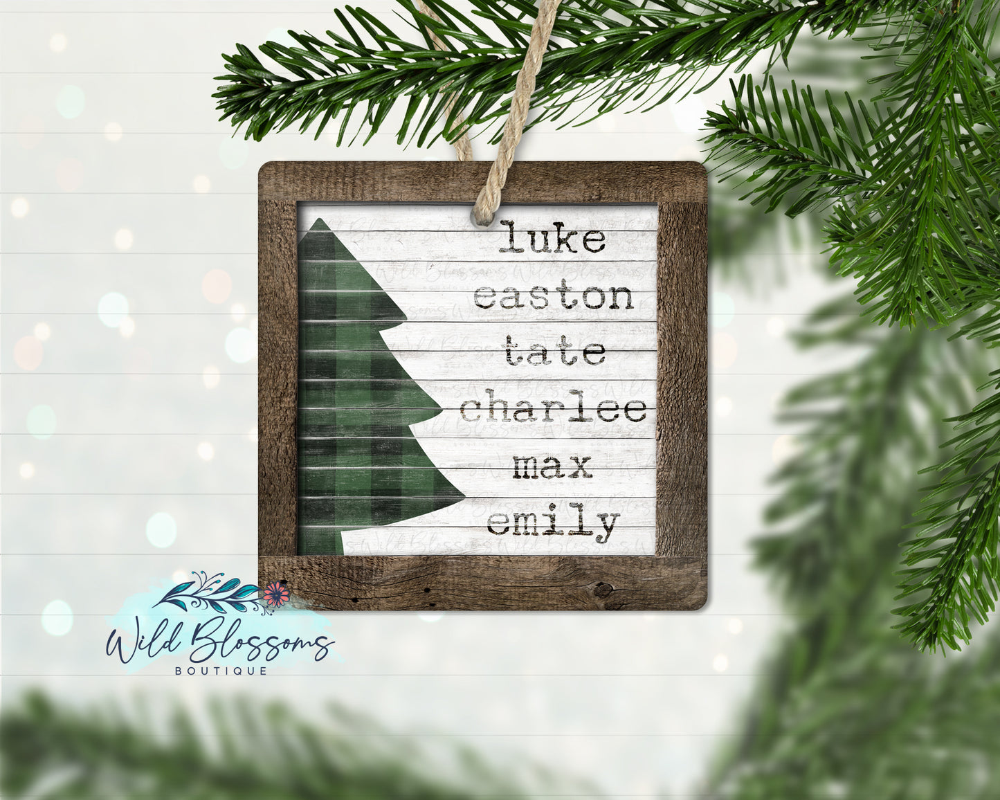 Rustic Wooden Green Buffalo Plaid Christmas Tree Family Name Ornament