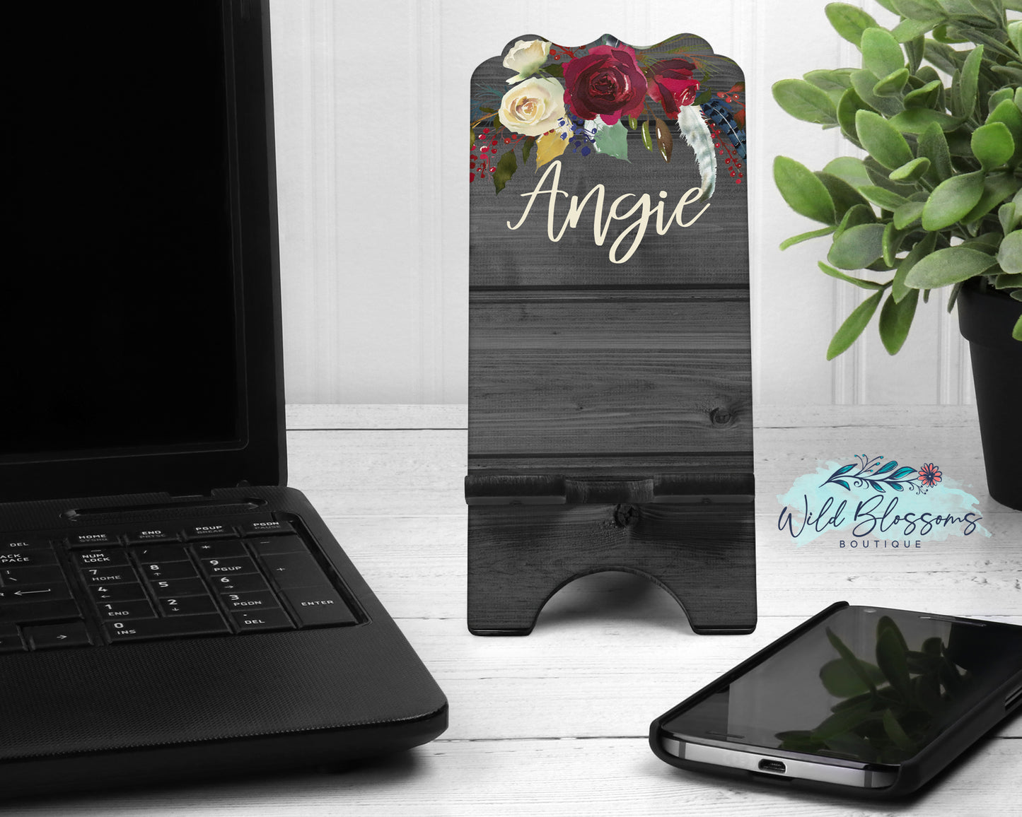 Wooden Grey And Red Floral Personalized Mouse Pad And Coaster Desk Set