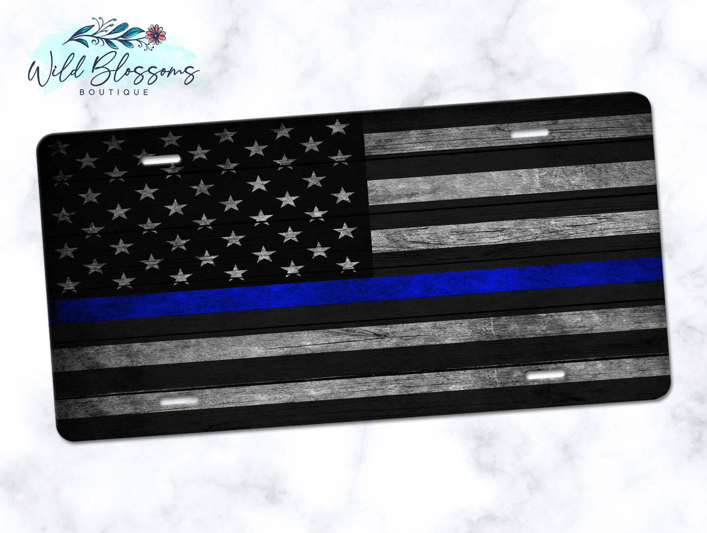 Wooden American Flag Blue Line License Plate