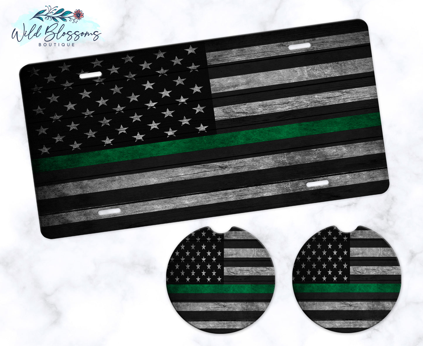Wooden American Flag Green Line License Plate