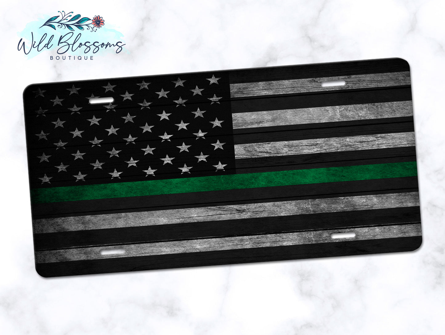 Wooden American Flag Green Line License Plate