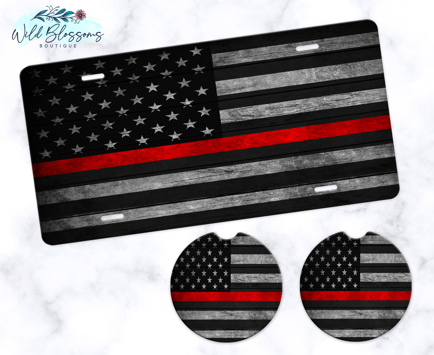 Wooden American Flag Red Line License Plate